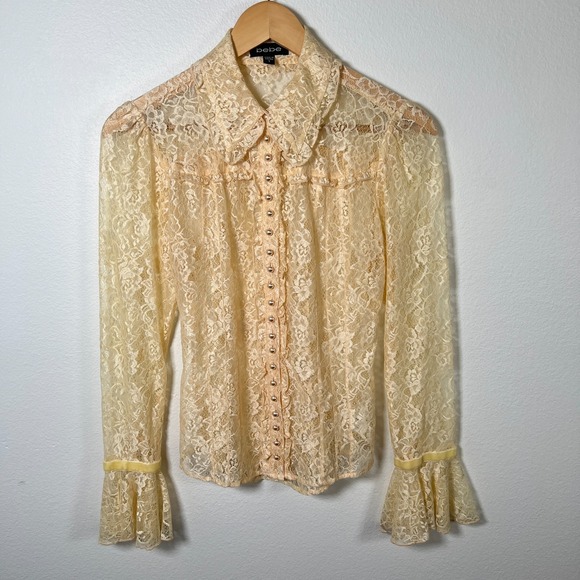 Vintage Womens Victorian Lace Button Up Top Sz S Coquette Bell Sleeve Ivory Y2K - Picture 1 of 12